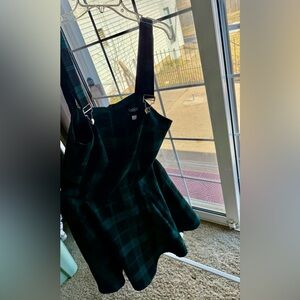 Green and black plaid overall dress